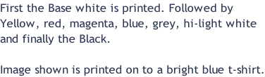 First the Base white is printed. Followed by Yellow, red, magenta, blue, grey, hi-light white  and finally the Black.  Image shown is printed on to a bright blue t-shirt.